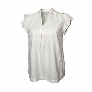 Studio Park Women Top XXS Linen Blend Ivory Crochet Accent Flutter Sleeve